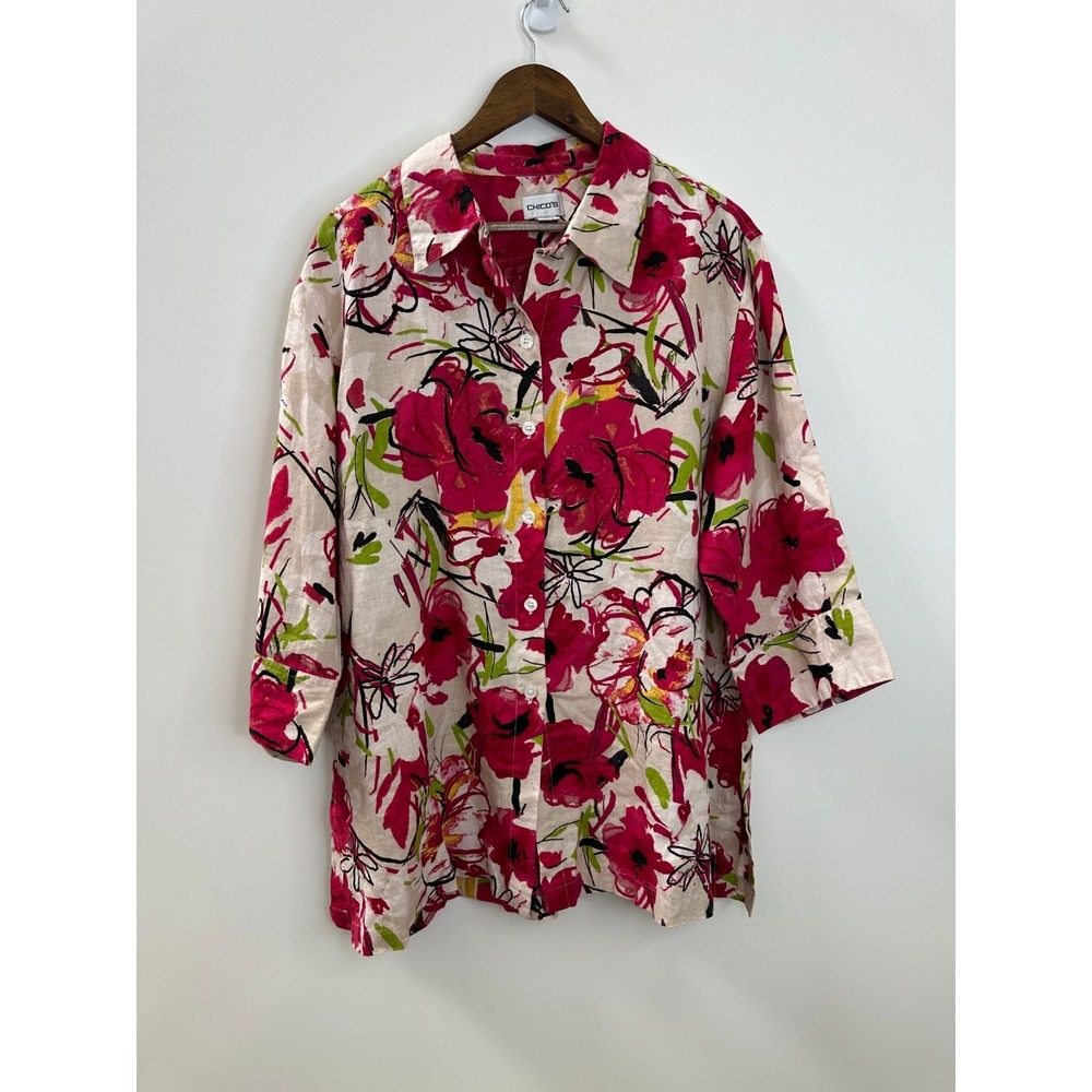 Chico's 100% Linen Multicolor Floral Print Button Up Shirt Size 3 US 16 XL Top - Picture 11 of 12